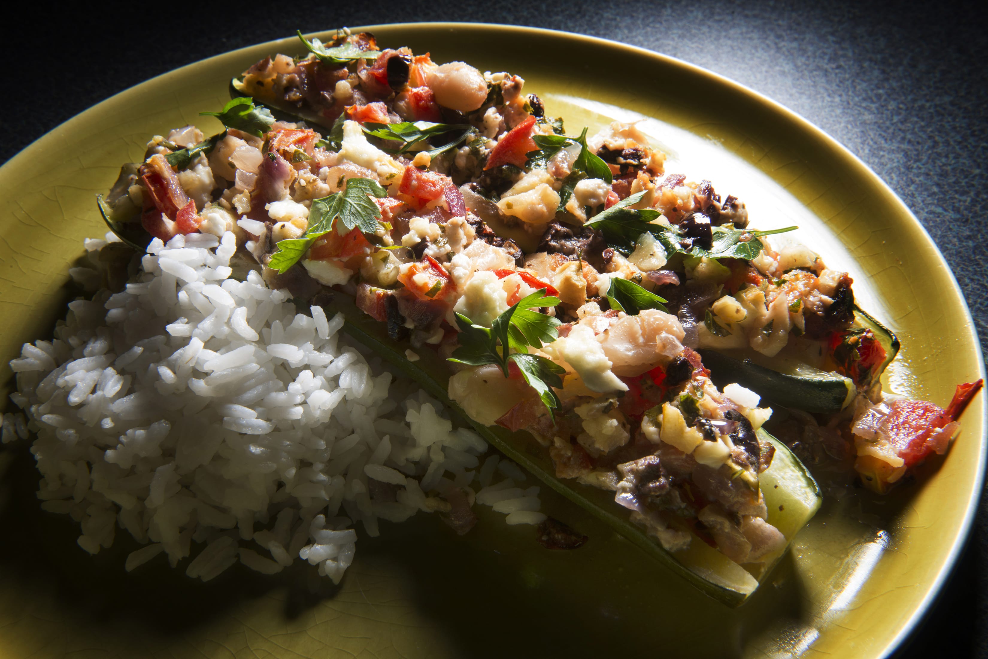 Stuffed Zucchini: Serve with rice or another grain of your choice.