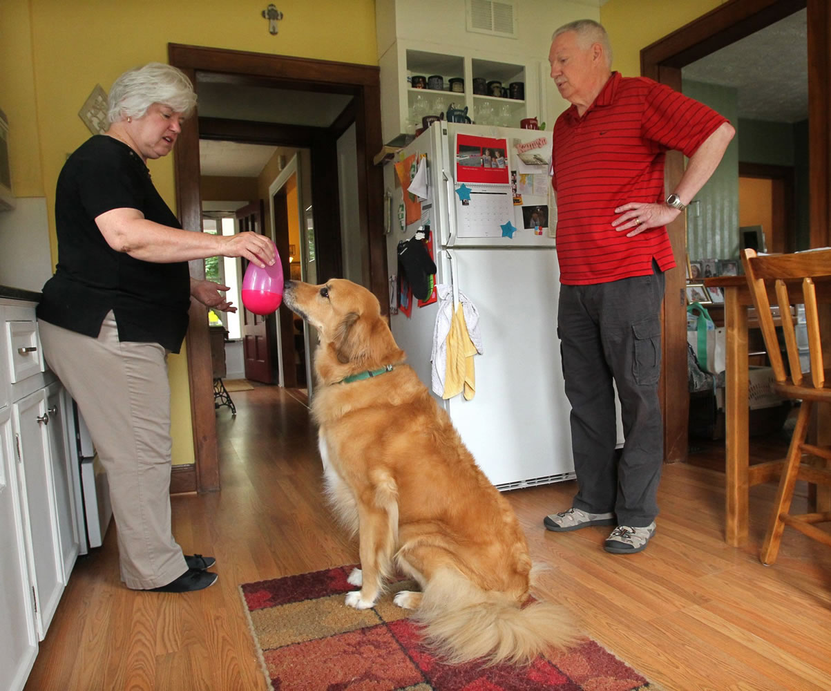 Jeanette, left, and Jim Michel were having a problem with their dog Maddie's feeding and a local pet expert helped them solve the problem by using a technique with a toy.
