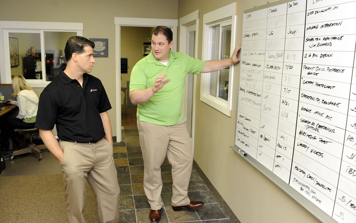 Choffy owners Jason Vanderhoven, left, and Jason Sherwood go over their schedules at their warehouse.