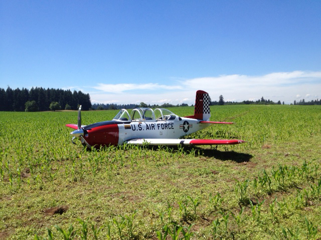 Contributed photo
A 1954 Beechcraft plane owned by David and Susan Holt, of Port Ludlow, Wash., made an emergency landing near Grove Field Airport north of Camas Friday morning. The couple were not injured. FFA officials are investigating the incident.