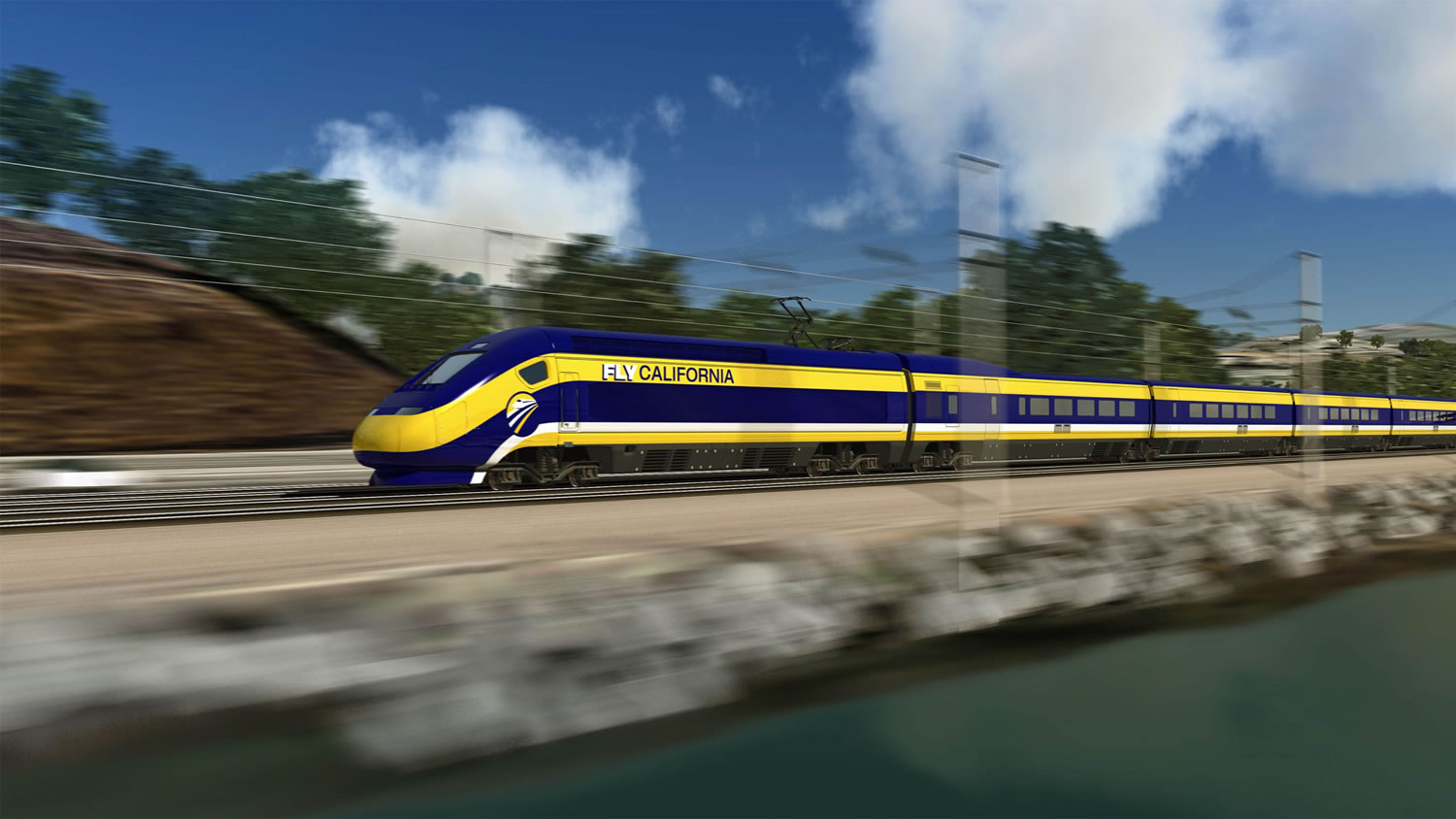 An artist's rendering shows a high-speed train traveling along the California coast.