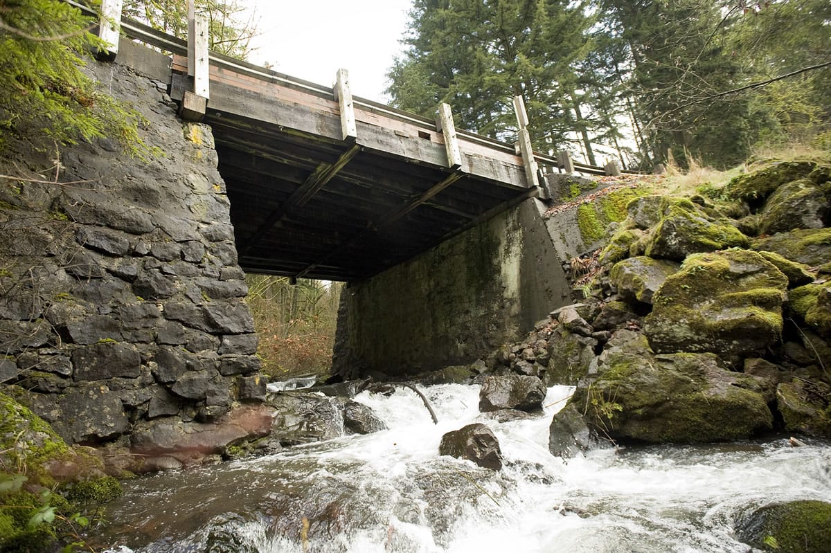 The wooden Cougar Creek Bridge on Washougal River Road, shown in January, was built in 1935.
