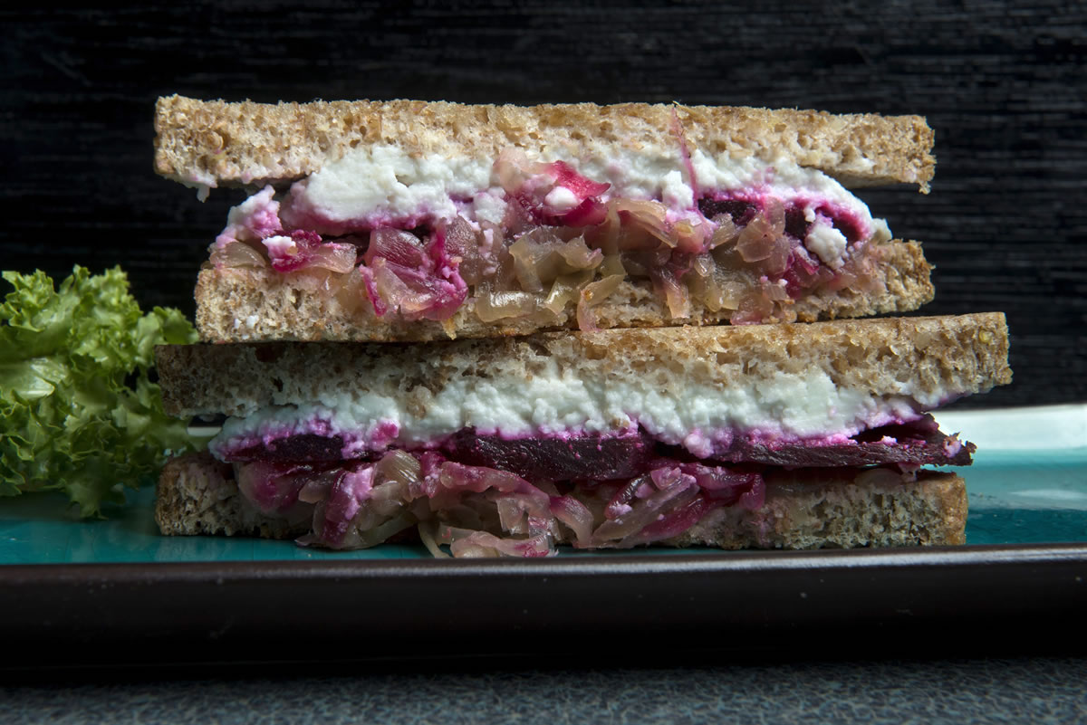 Bonnie Jo Mount/Washington Post
Beet, Caramelized Onion and Goat Cheese Sandwiches. A quick-pickled beet lends a welcome tartness to offset the rich goat cheese and sweet onions.