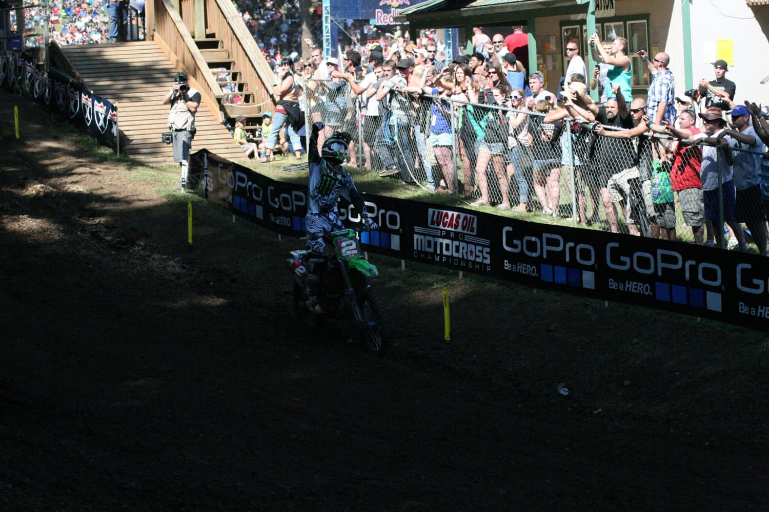 Ryan Villopoto pumps his fist in the air after winning the Washougal National for the first time Saturday.
