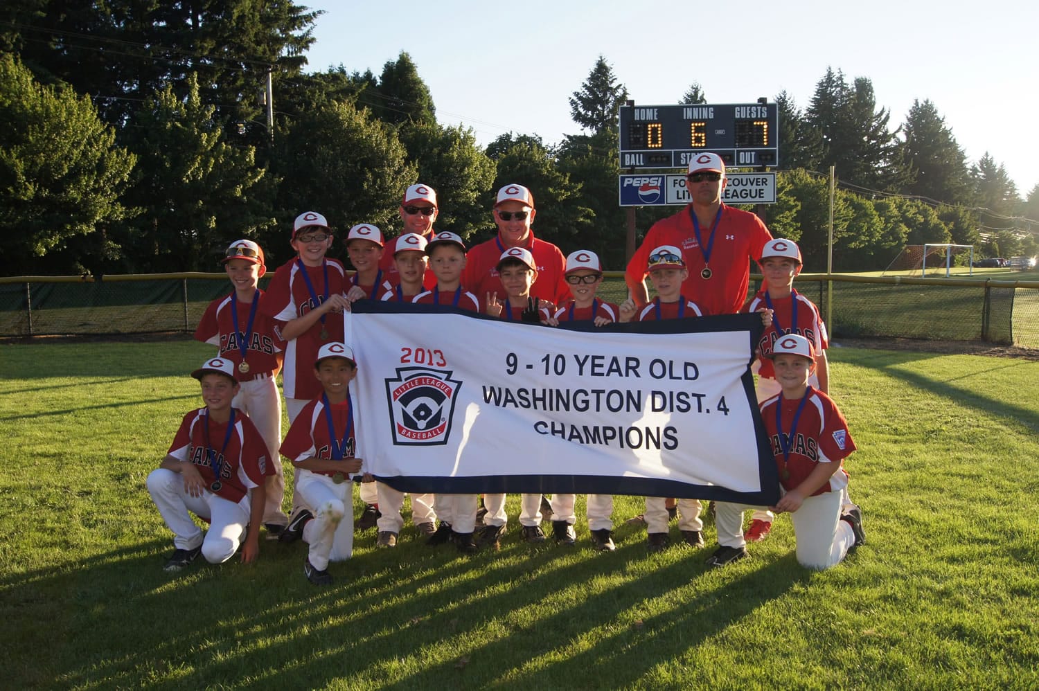 The district champion Camas Little League 9- and 10-year-old All-Stars reached the state tournament, in Oak Harbor. Players are Blake Bell, Jake Blair, Zachary Blair, Luke Jamison, Cameron Miller, Hayden Peterson, Braden Sanville, Zachariah Shaw, Kandi Shimada, Caleb Shira, Cameron Smith and Caden Werlich.