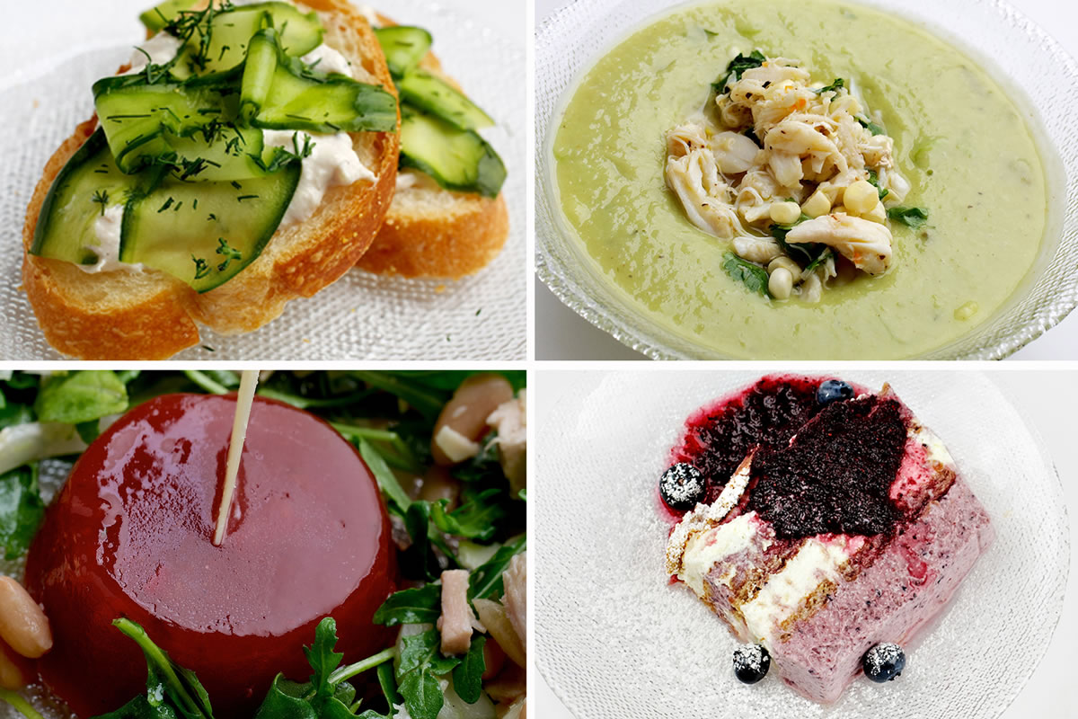 Here are recipes that can be accomplished without the stove or microwave: clockwise from top left, Smoked Trout Pate With Creme Fraiche and Dill Cucumber Strips, Chilled Avocado and Melon Soup With Spicy Crab-Corn Salad, Italian Chicken Salad With Fennel, White Beans and Heirloom Tomato Aspic and Blueberry and Lemon-Cream Icebox Cake