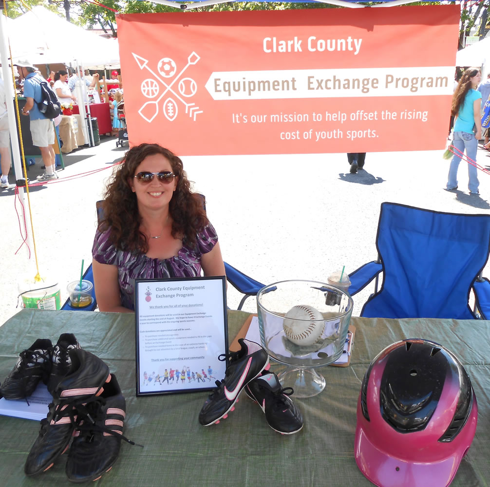 Julia Ross, director of the Clark County Equipment Exchange Program, accepted donations of sports equipment twice this summer at the Camas Farmer's Market. Ross founded the program to promote participation in youth sports programs and leagues by helping families offset the costs of purchasing new equipment. When young athletes outgrow equipment such as soccer cleats, they can exchange them for a larger size.