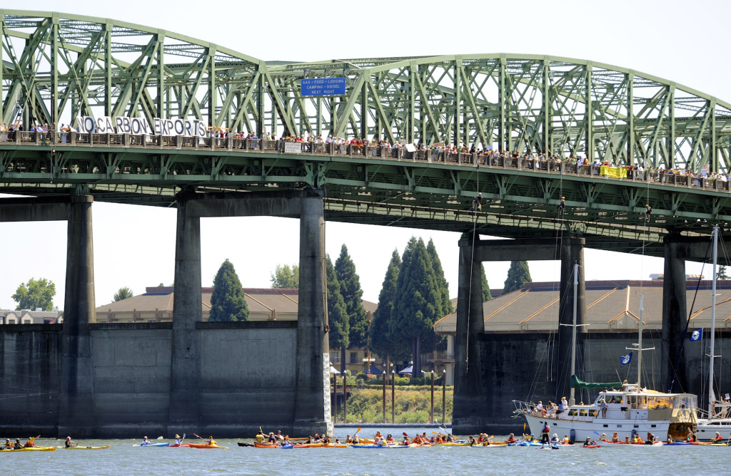 Hundreds of protesters cross the Columbia River in Vancouver on July 27, 2015, in support of an amphibious demonstration at the Interstate 5 Bridge against proposed fossil fuel facilities in the Northwest.