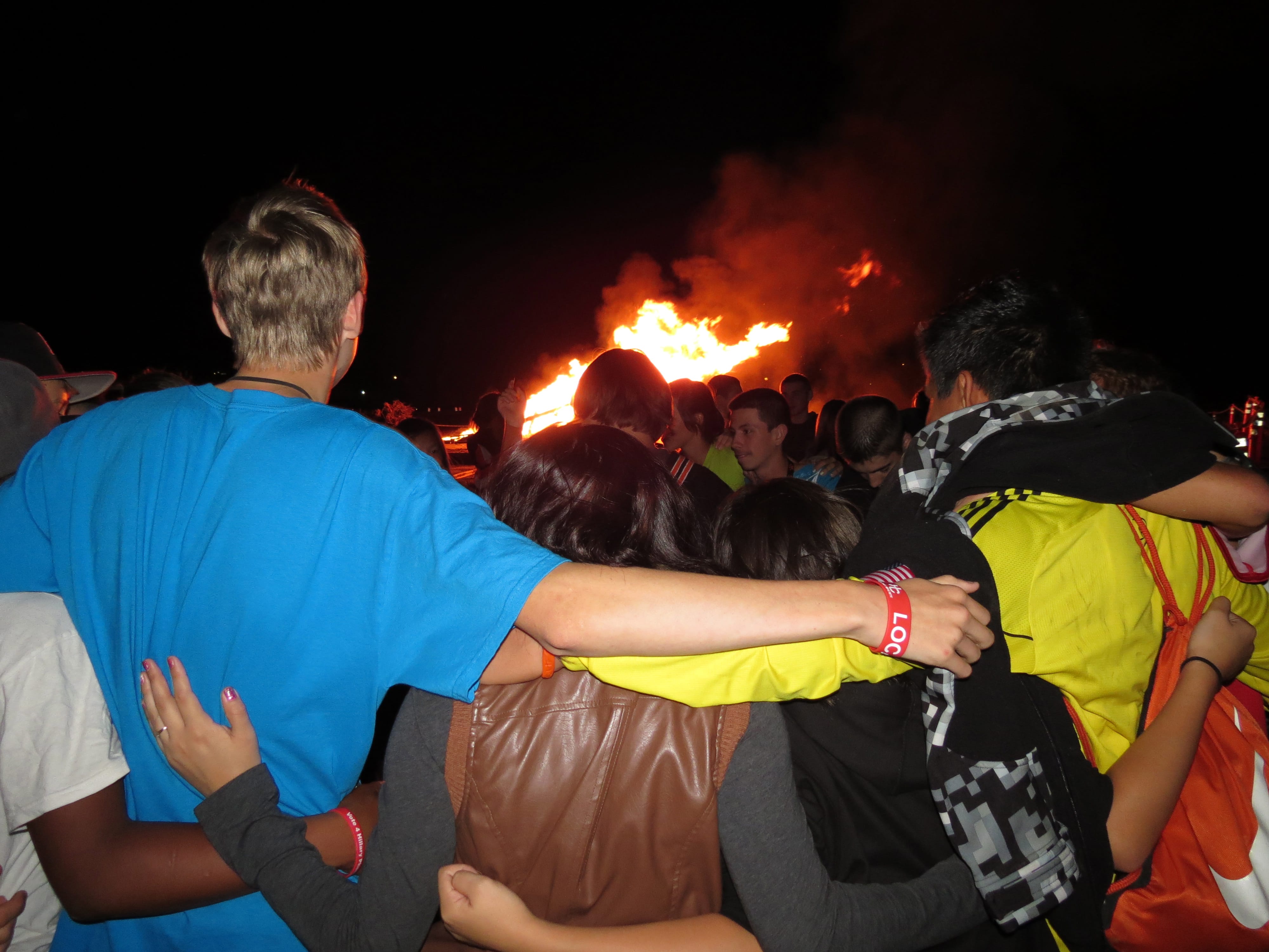 More than 100 Washougal High School students gathered around a bonfire Wednesday, at the former Hamblton Brothers Lumber Mill property, at Second and &quot;A&quot; streets.