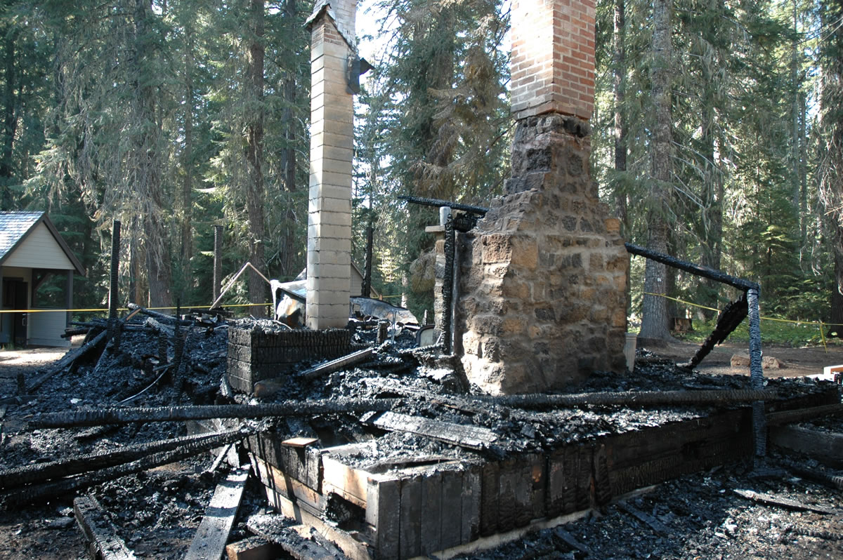 Two chimneys remain standing at the site of the Peterson Prairie Guard Station in the Gifford Pinchot National Forest west of Trout Lake.