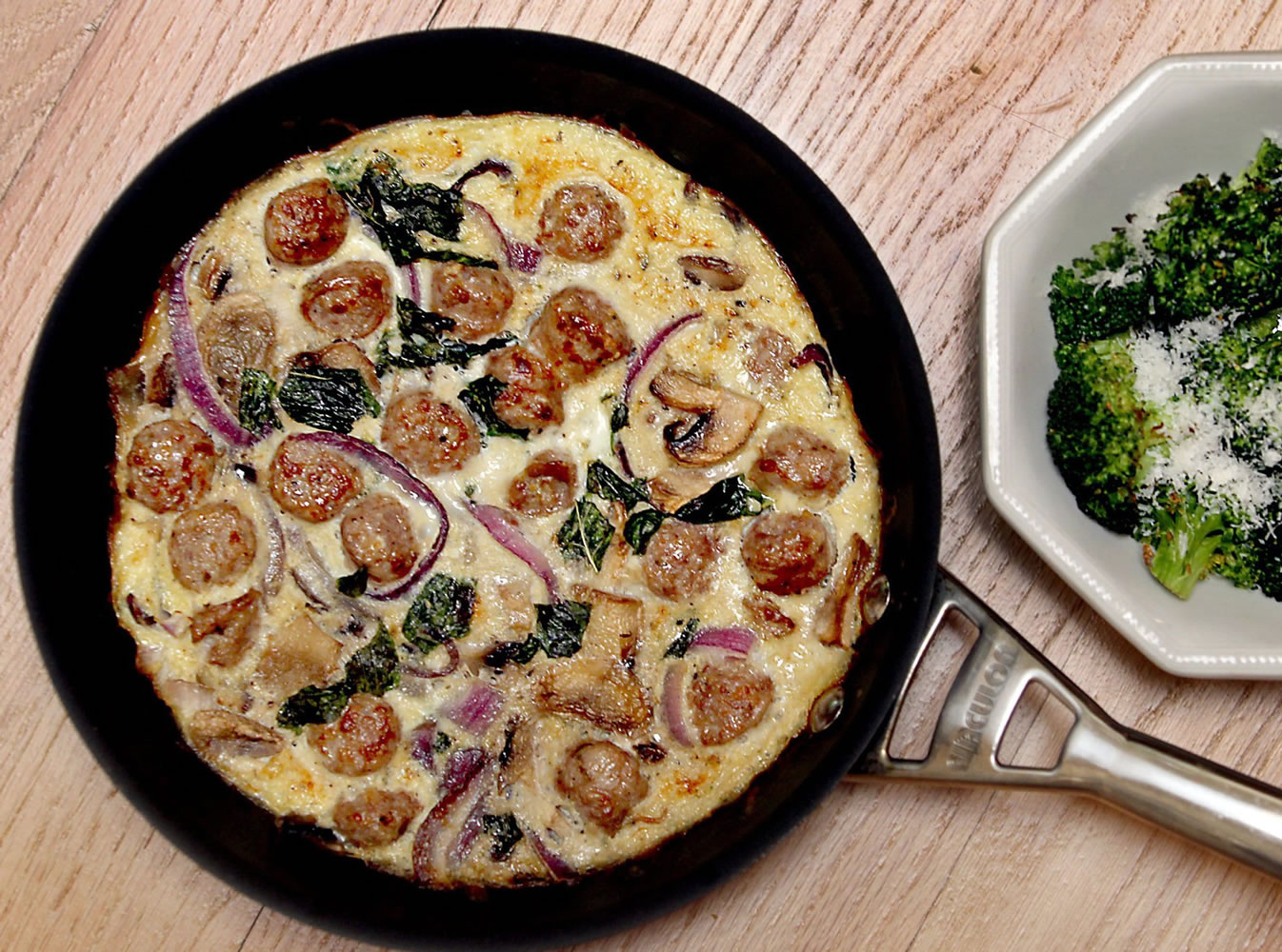 Italian Sausage Frittata with roasted Parmesan broccoli is so easy you can have dinner ready in 15 to 20 minutes.
