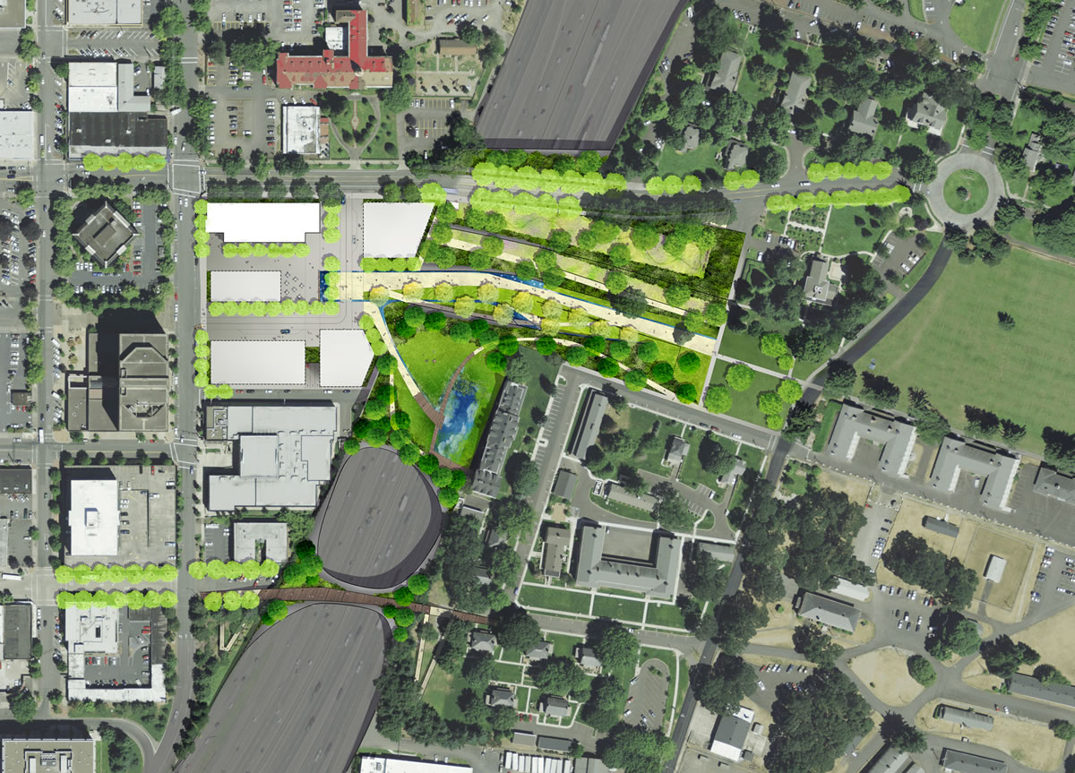 As originally envisioned, a cap over Interstate 5 would connect downtown with the historic Fort Vancouver National Historic Site.