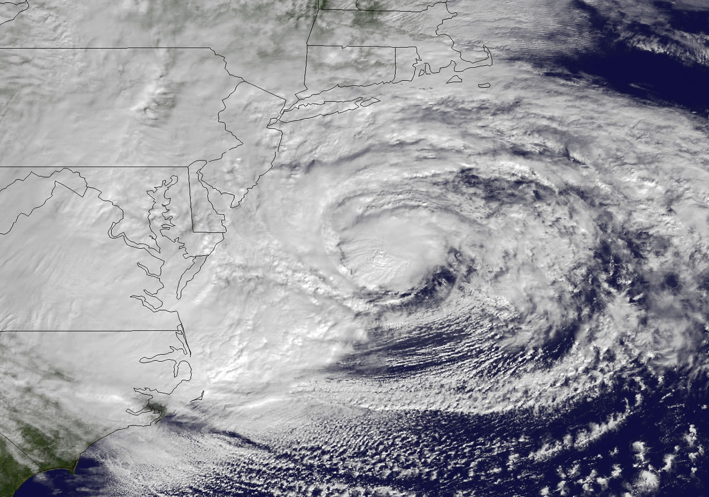 Hurricane Sandy swirls off the Mid-Atlantic coastline in October 2012, as captured by satellite.