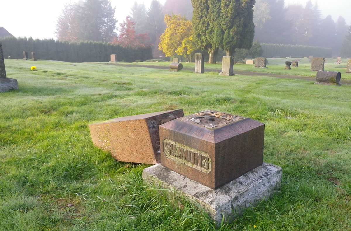 This headstone was among 16 damaged by vandalism at the Camas Cemetery.