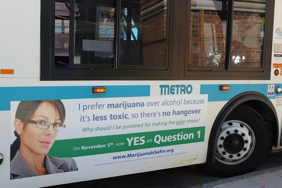 While the transit district in Portland, Maine, has banned tobacco ads, it accepted $2,500 to display marijuana billboards on the outside of four of its 32 city buses and in two bus shelters.