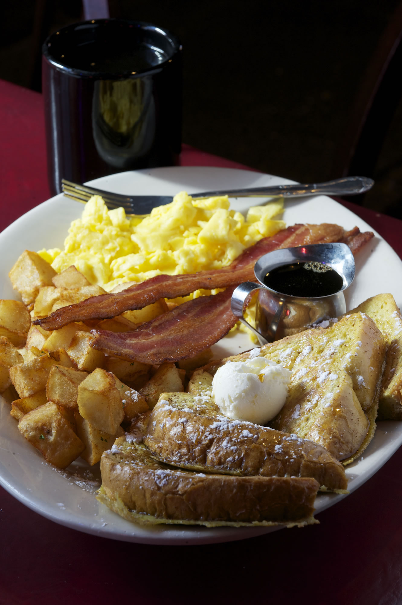 The Roadhouse Breakfast -- which includes scrambled eggs, bacon, Billygan's Potatoes and French toast with coffee -- is featured on the breakfast menu at Billygan's Roadhouse.