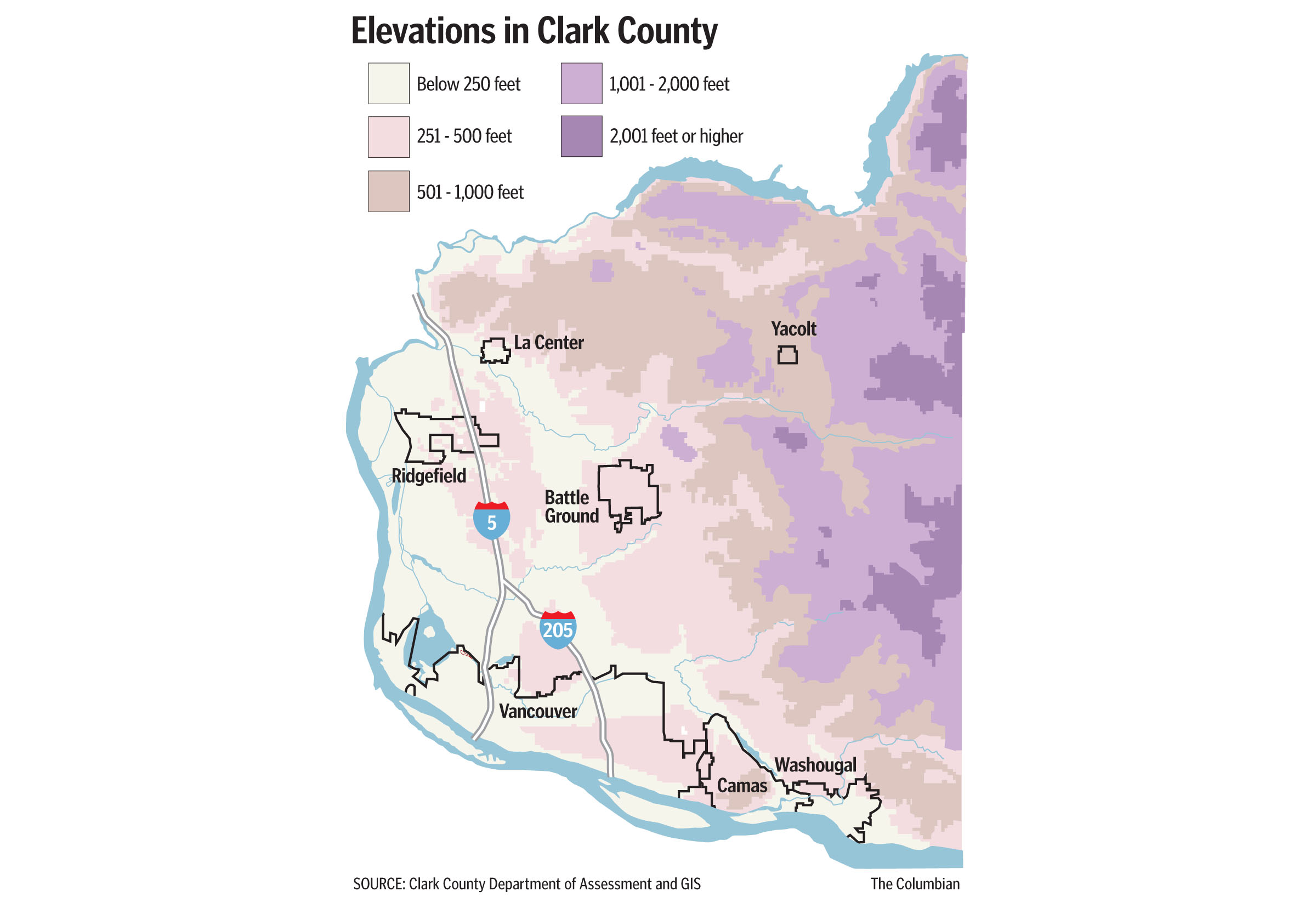 Click the image below to enlarge this map of elevations in Clark County.