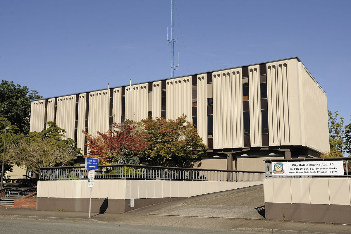 The old Vancouver city hall building, built in the &quot;modern&quot; style, is up for sale for $1.85 million. The 40,000- square-foot, five-story building was designed by Jim Dolle Nelson/Walla/Dolle and Co.