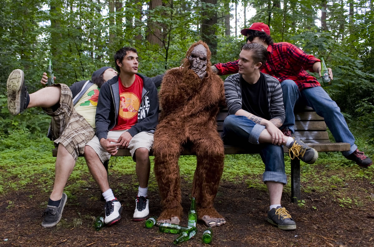 Marina French
The Sindicate -- Josh Garrett, from left, Stephen Clark, Dominic Bianchini and James Davenport -- sits with the namesake of its upcoming second album, &quot;Sasquatch.&quot; The reggae rock group will kick off its summer tour July 13 at the Brickhouse Bar and Grill.