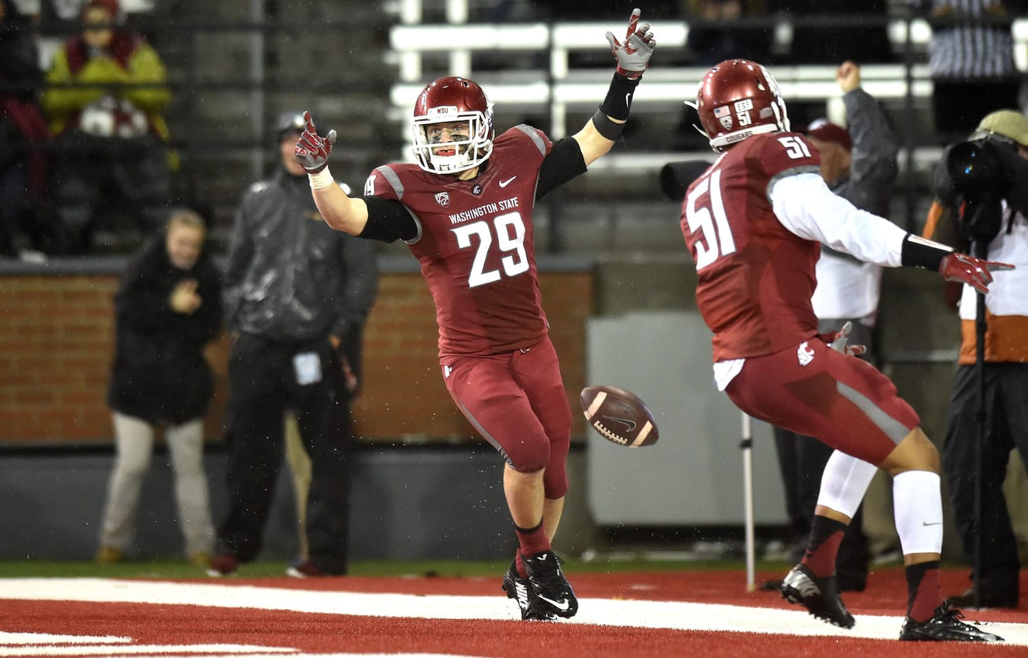 Washington State&#039;s Parker Henry (29) celebrates a defensive play against Stanford on Oct. 31 in Pullman. Henry ranks fourth on the team with 69 tackles headed into the Sun Bowl against Miami on Dec. 26.