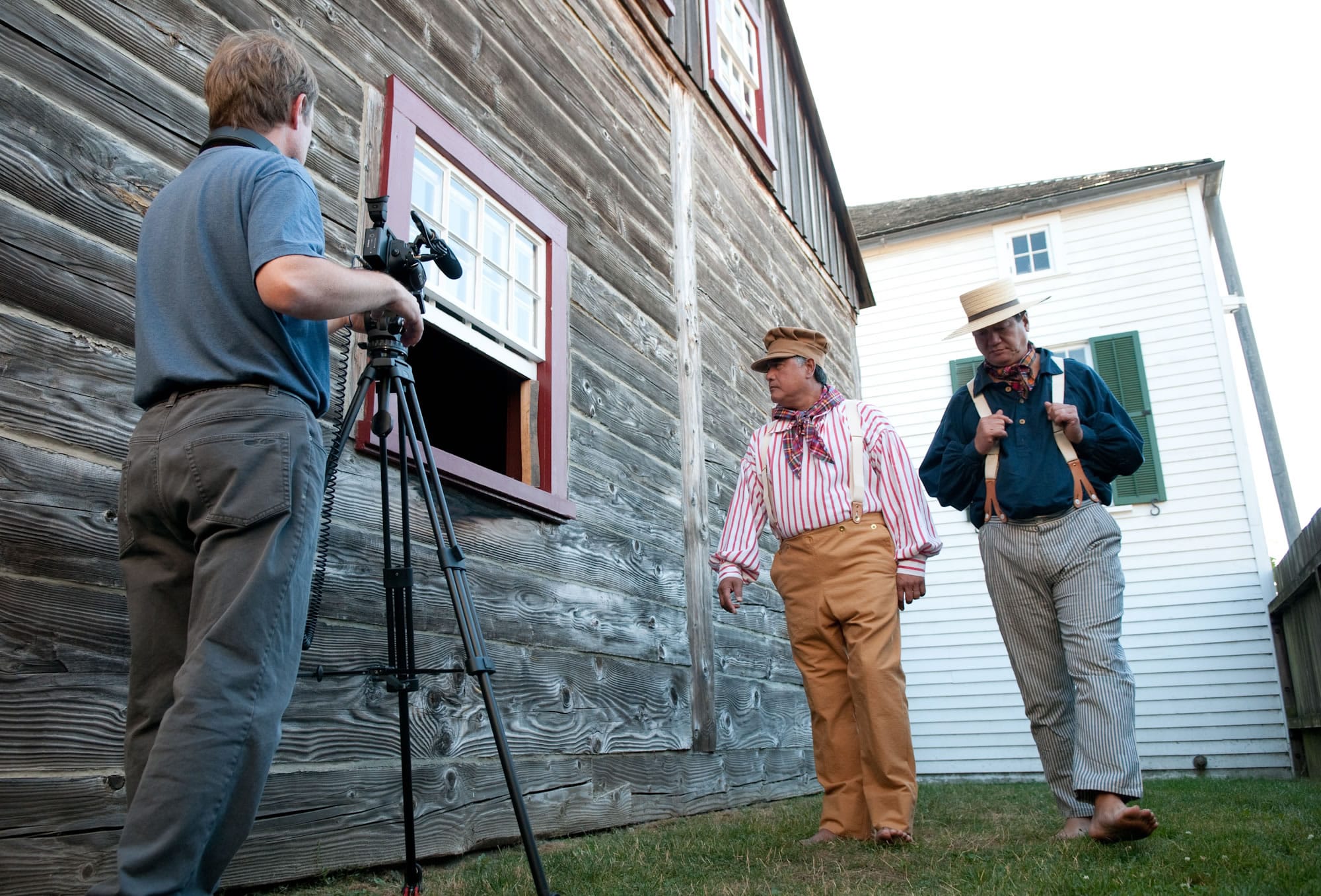 Film crews work on a scene for the Fort Vancouver Mobile Storytelling Project at Fort Vancouver National Historic Site.