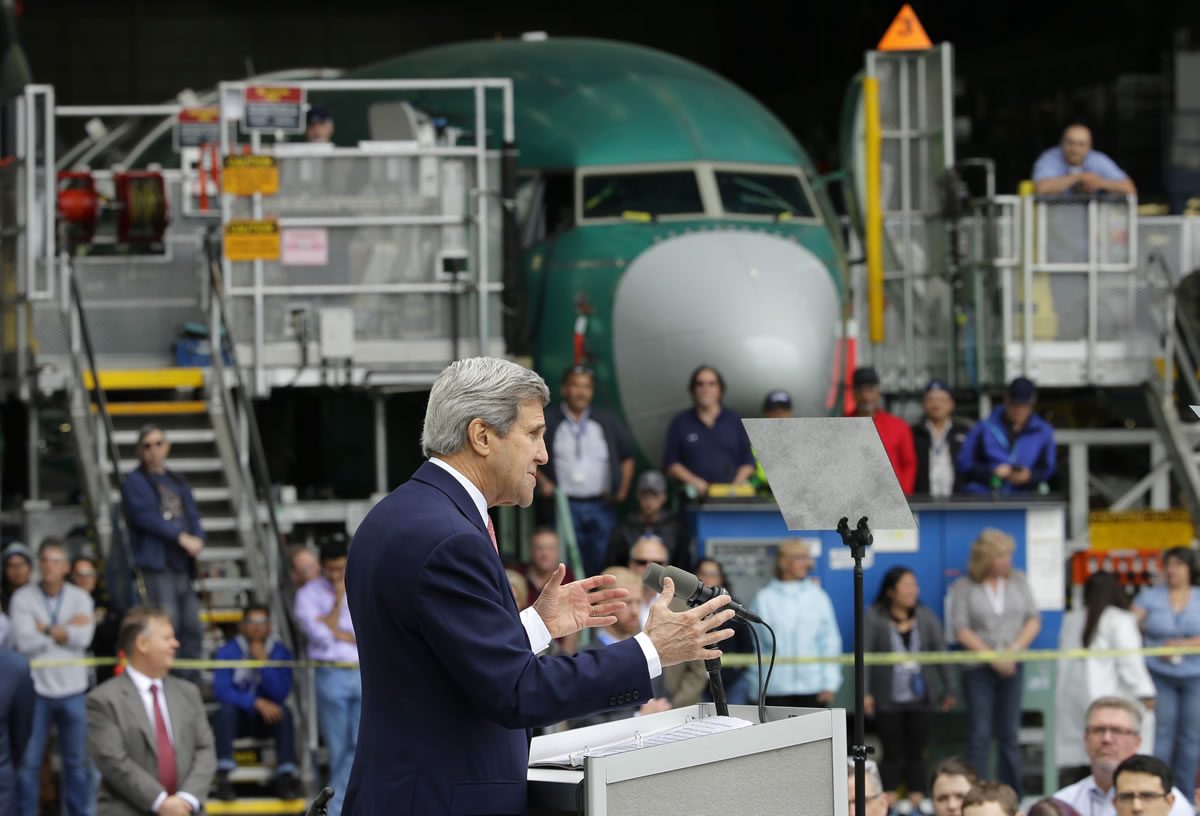 Secretary of State John Kerry spoke in May about trade at Boeing&#039;s 737 assembly facility in Renton.