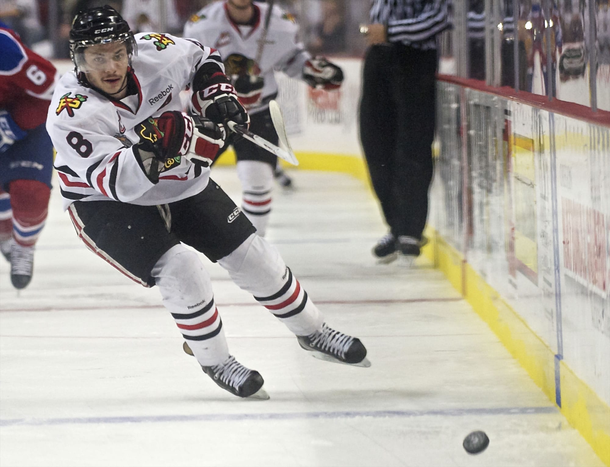 The Winterhawks' Ty Rattie carries the puck in to the offensive zone in the second period against the Oil Kings in Game 5 of the WHL championship series.