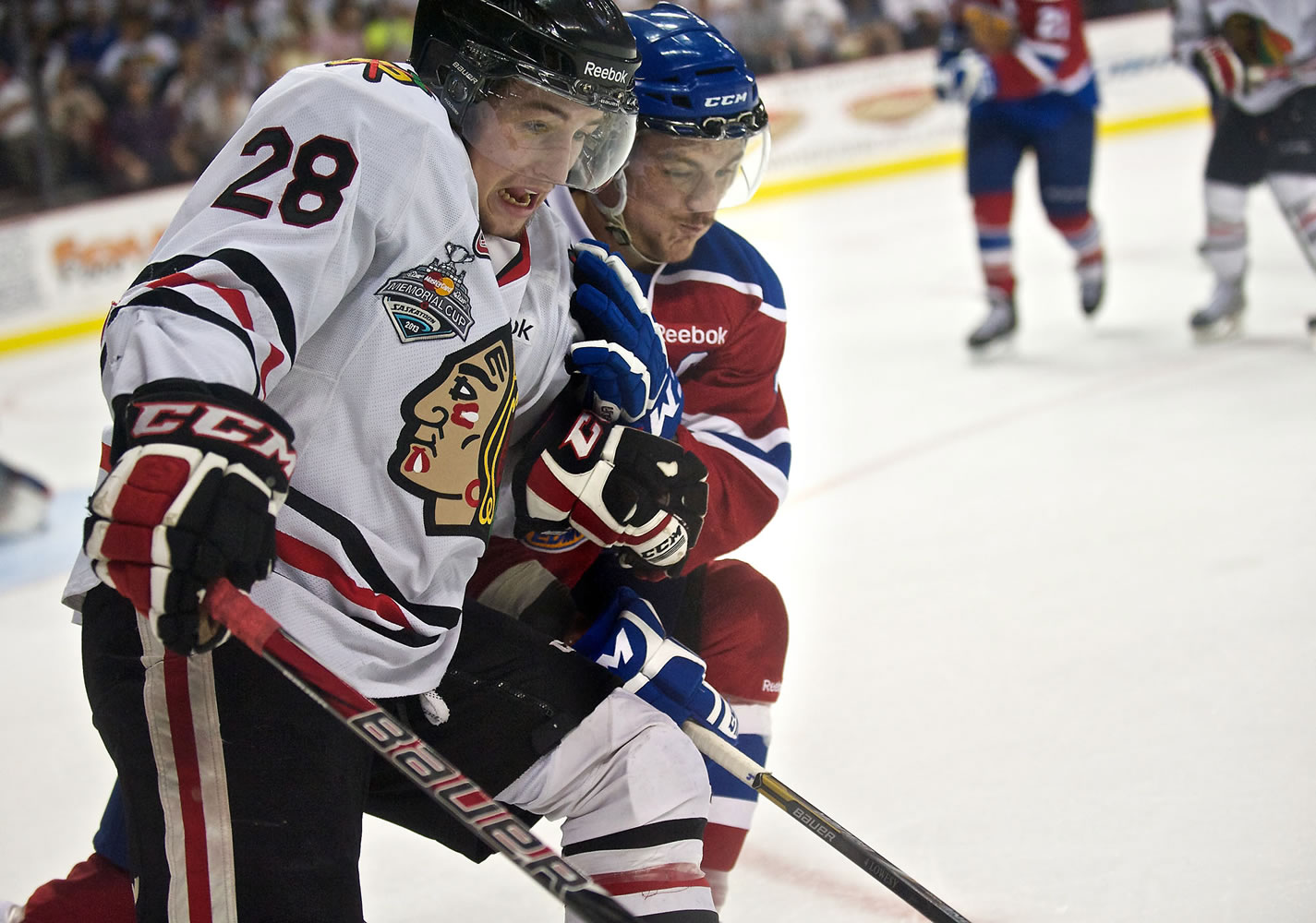 Portland's Brendan Leipsic gets blocked into the glass during the second period Friday.