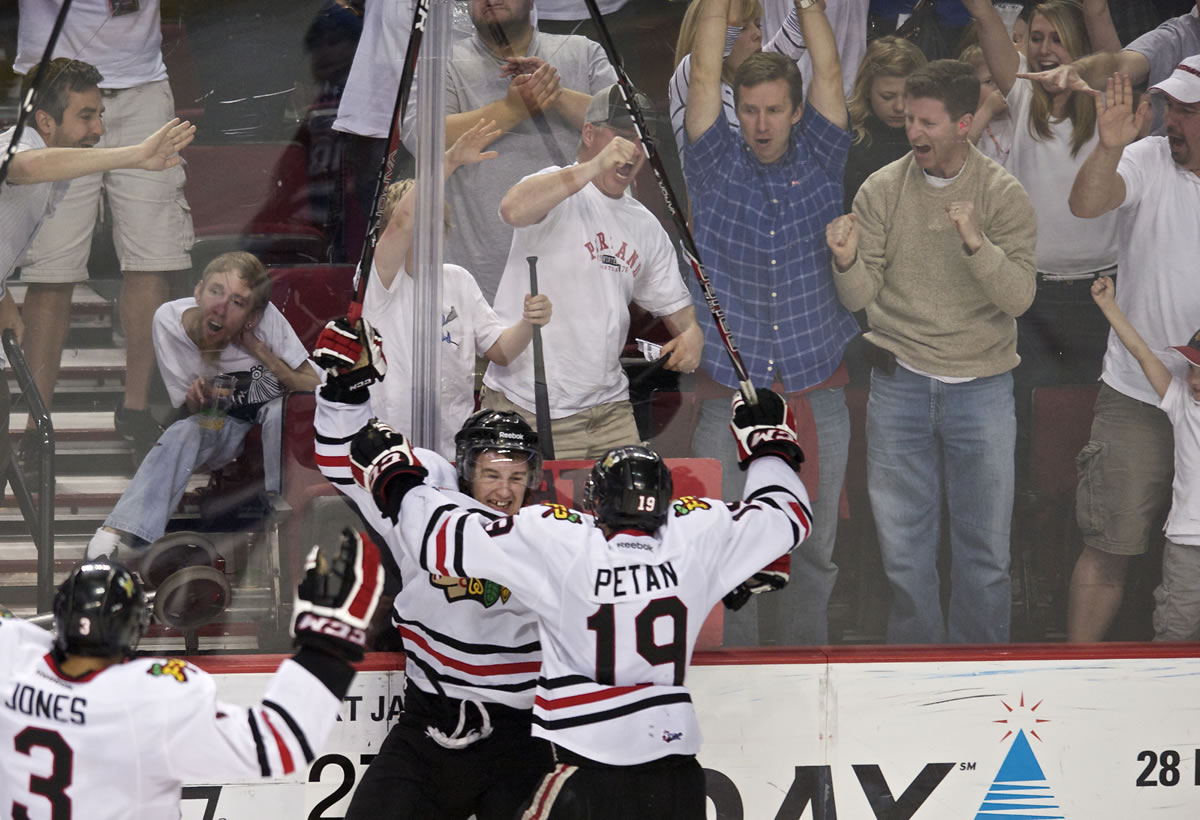 The Winterhawks' Brendan Leipsic celebrates after scoring late in the third period to tie the game at 2-2 and send it in to overtime.
