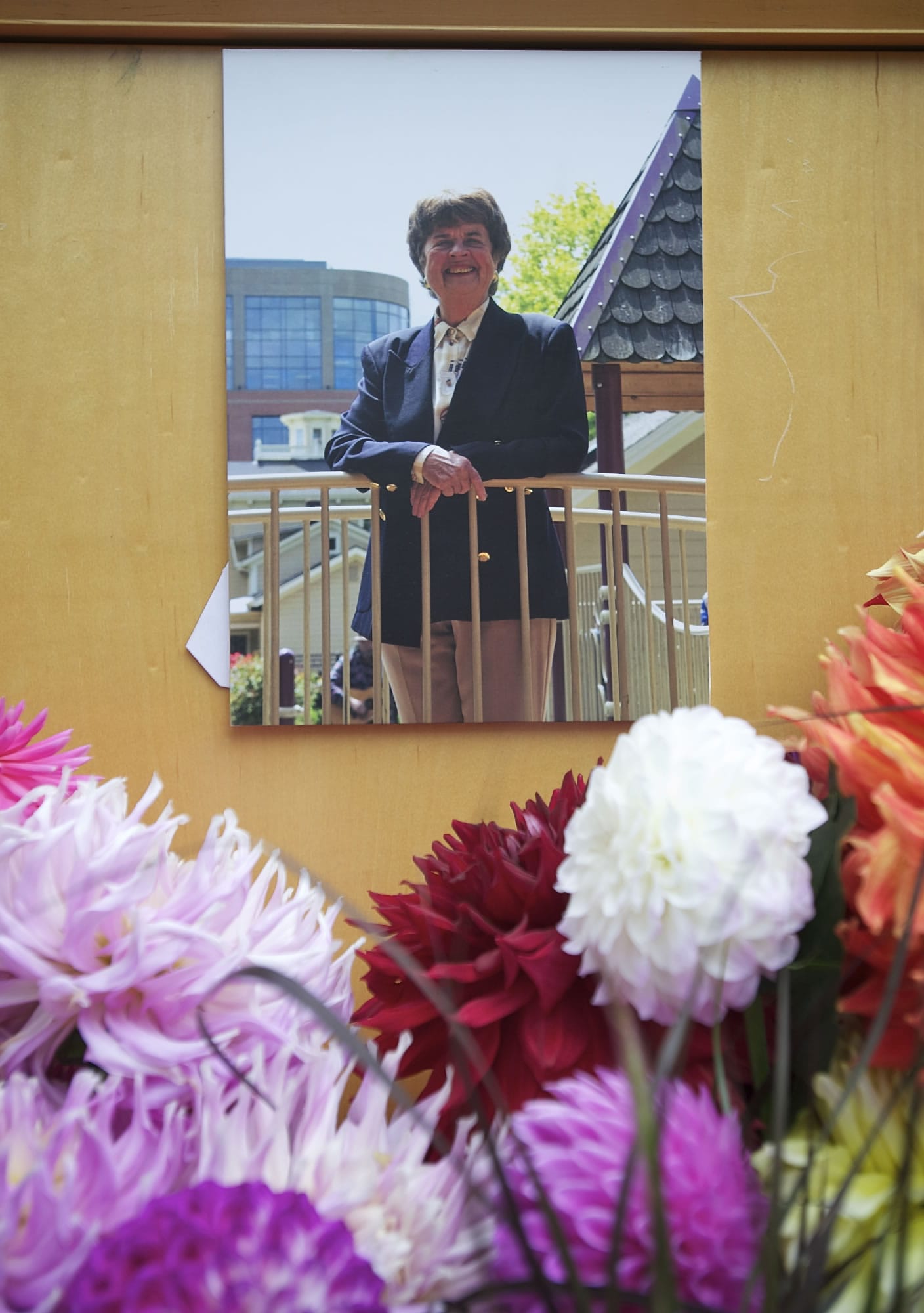 An image of Wager, known as Flossie, hung from the dais Sunday at a celebration of her life.