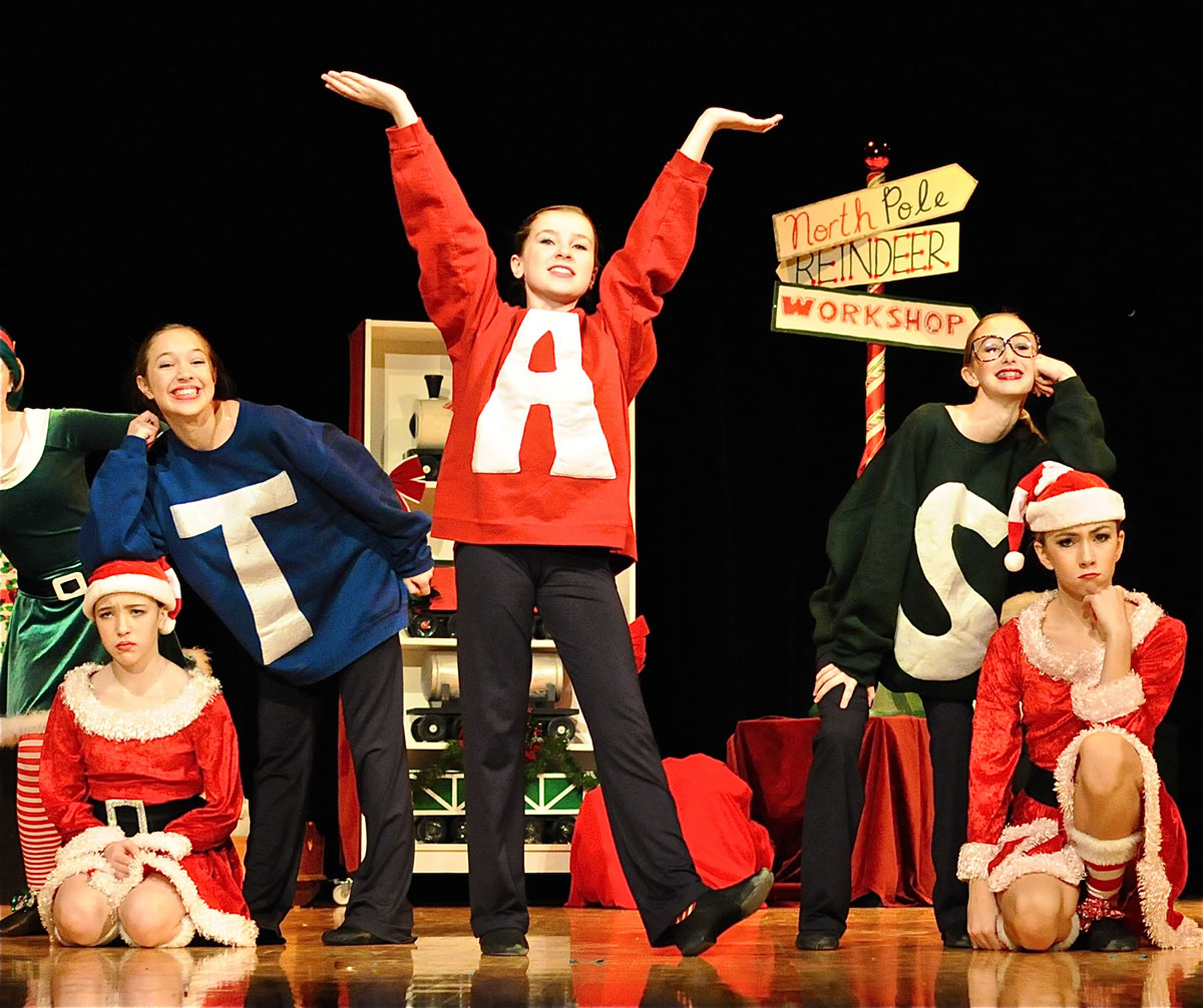 Claire Sturtevant, from left, Emma Sturtevant, Emma Miller, Amanda Bryan and Lillian Collins dance in &quot;Holiday Dance Story,&quot; presented by Dance Fusion Northwest Dec.