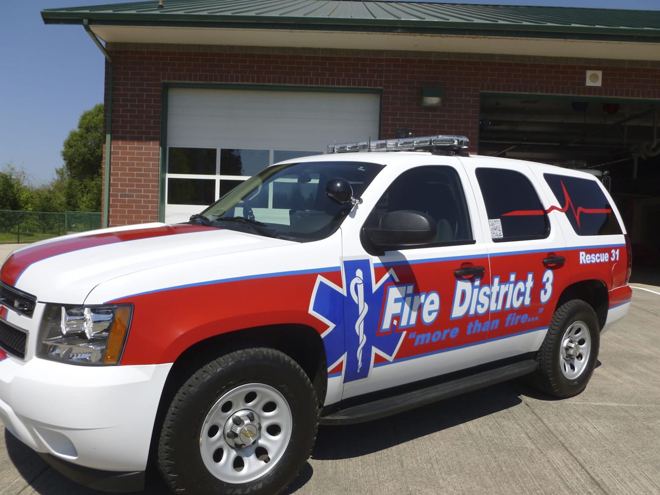Fire District 3's Rescue 31 Chevy Tahoe is equipped with emergency lights, radios and reflective tape that can be seen at night.