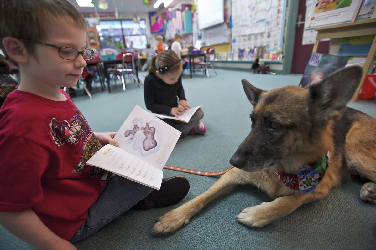 Harry Eddington shows therapy dog Raika a picture while reading out loud with classmate Britni Stapleton, background, in Andrea Edwards' first-grade classroom at Woodland Primary School.