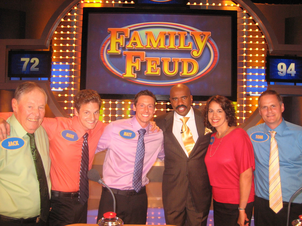 A Vancouver family poses with Family Feud host Steve Harvey during a July 2012 taping of the long-running television game show. Jack Frey, from left, Mark Frey, Matt Frey, Angie Frey and Tom Frey competed to win up to $100,000 and a new car.