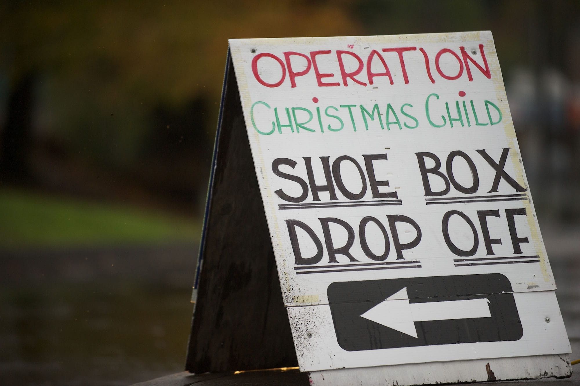 A sign directs gift givers to the donation center at the back of First Evangelical on Saint Johns Road.