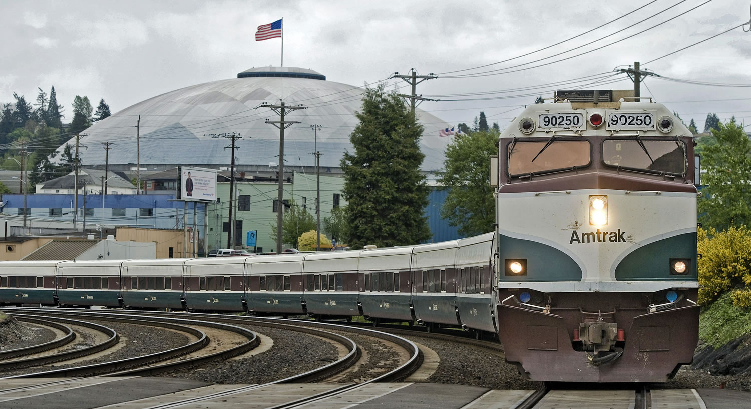 The Amtrak Cascades Train No. 513 passes the Tacoma Dome and heads south toward downtown Tacoma on May 16.