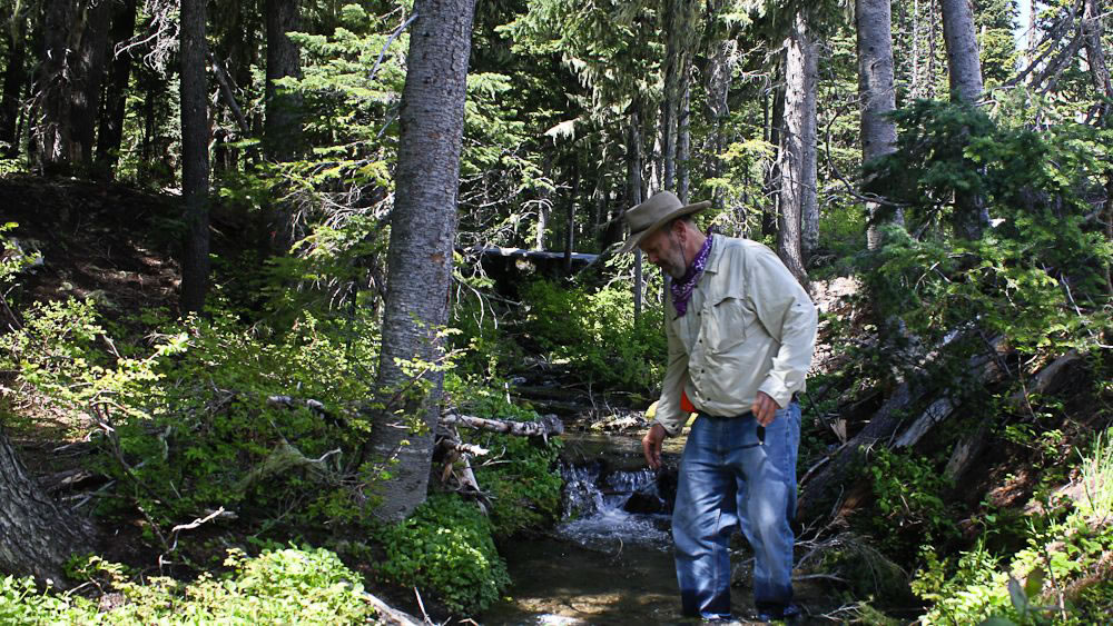 Hydrologist John Rhodes examines the fine sediment in Still Creek at Mount Hood in Oregon.
