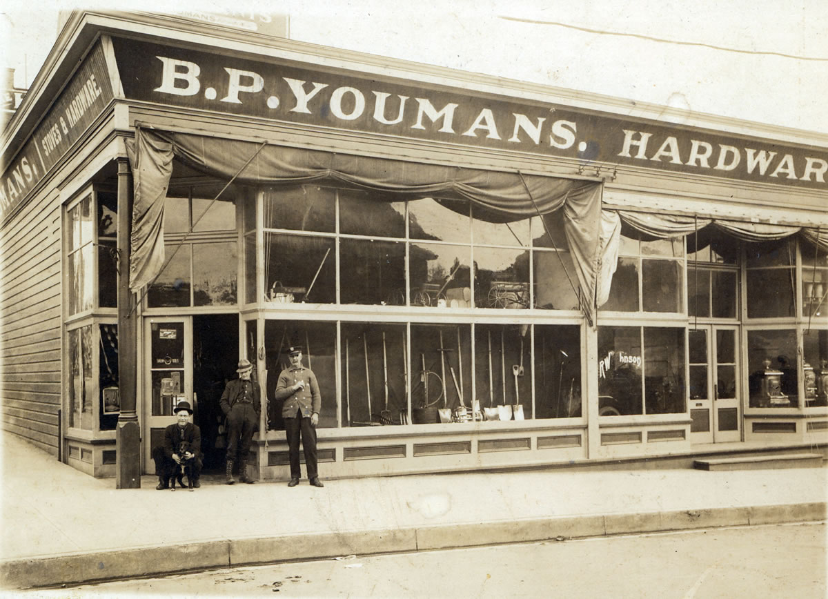 B.P. Youmans Hardware sold farm and other equipment at the corner of 8th and Washington streets in 1911.