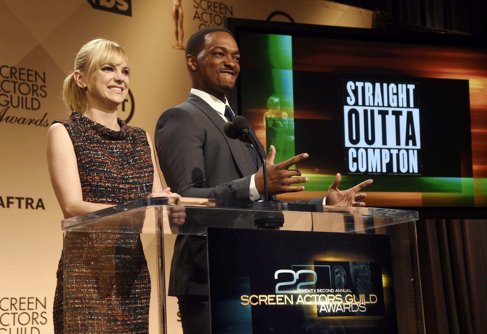Actors Anna Faris, left, and Anthony Mackie announce the cast of &quot;Straight Outta Compton&quot; as nominees for Outstanding Performance by a Cast in a Motion Picture during the nominations for the 22nd Annual Screen Actors Guild Awards on Wednesday in West Hollywood, Calif. The show will be held on Jan. 30 in Los Angeles.