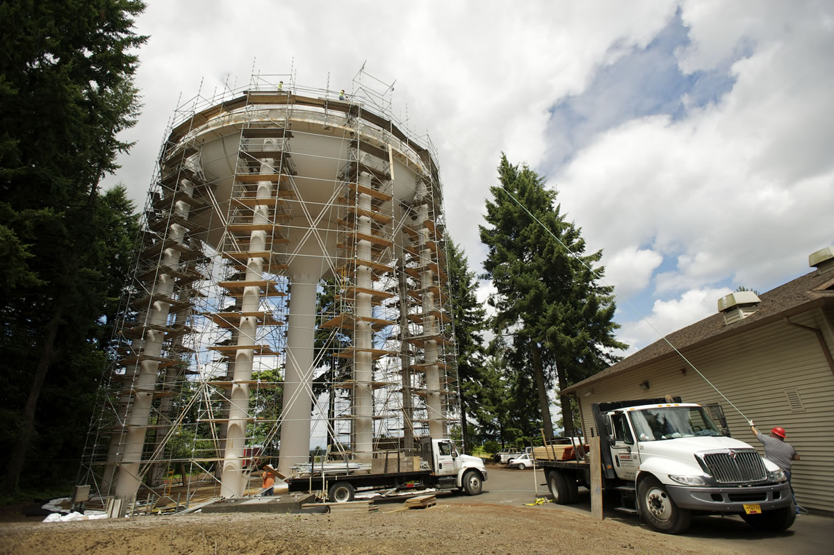 Water Tower 7 is one of 11 water stations that help deliver water to more than 200,000 customers in the city of Vancouver system. This tower, undergoing a repainting this year, is near the intersection of Northeast 112th Avenue and Northeast 18th Street.