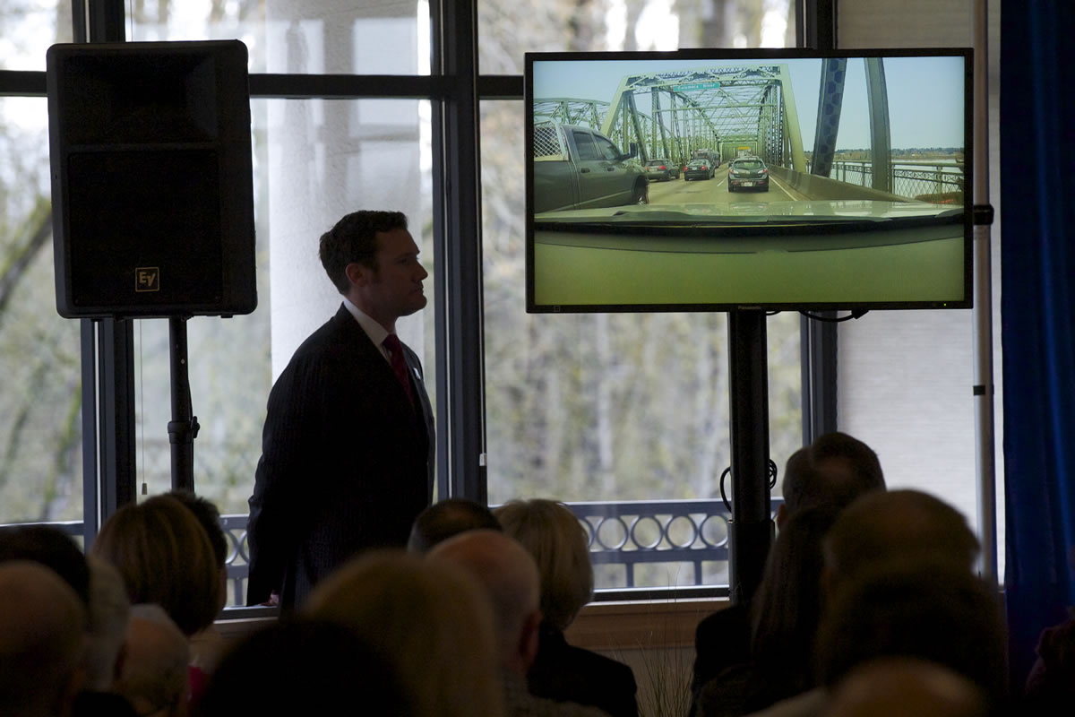 Vancouver Mayor Tim Leavitt shows the Interstate Bridge on Wednesday during the State of the City address.