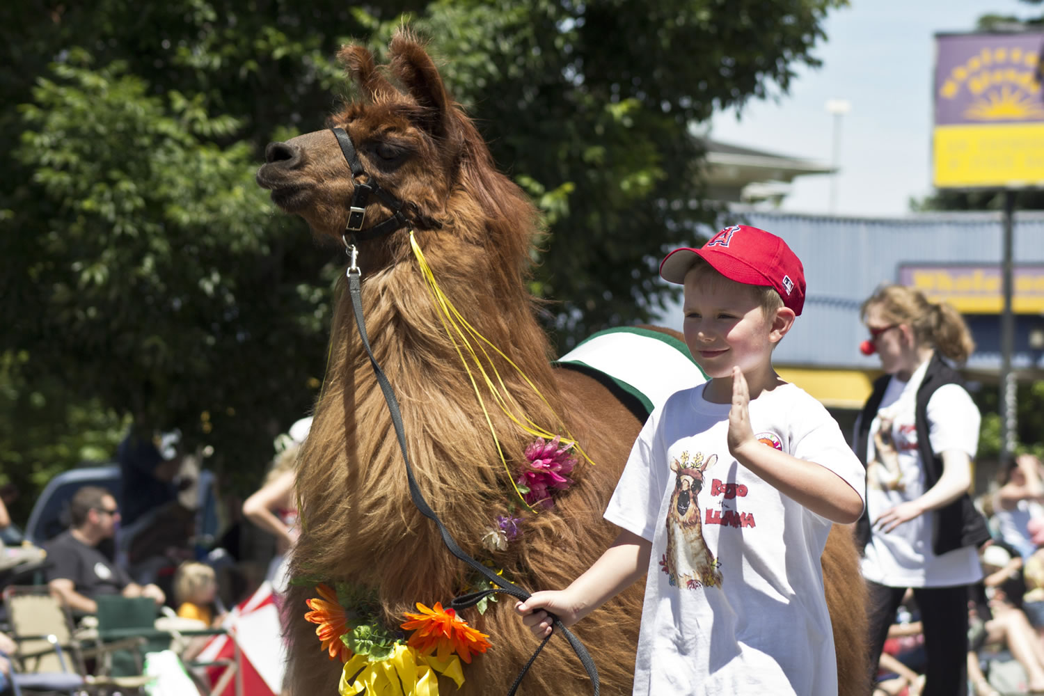 Tristen Brester, 6, leads Rojo the therapy llama, grand marshal of Wednesday's Fred Meyer Junior Parade.
