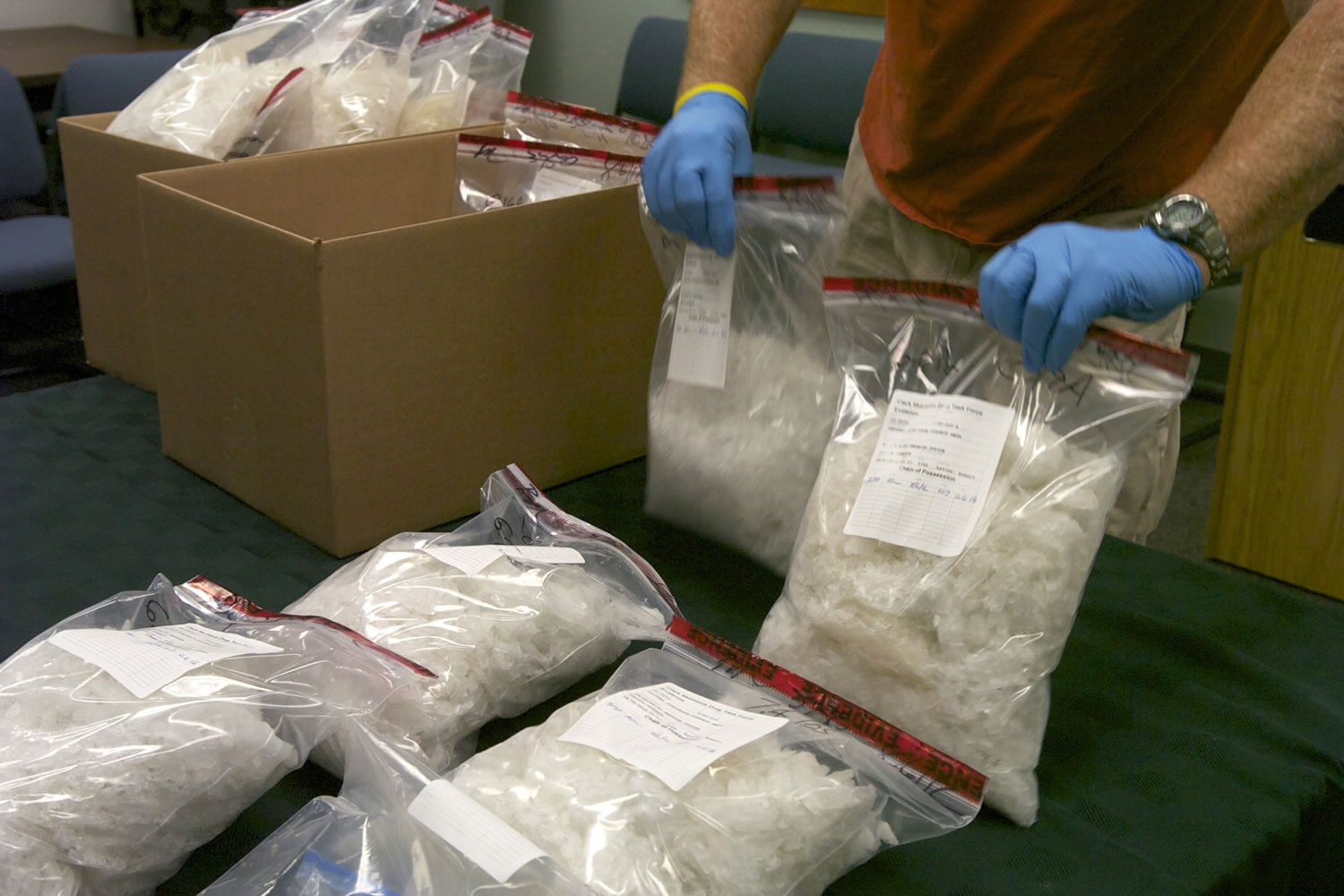 The Clark-Vancouver Regional Drug Task Force seized 74 pounds of crystal meth in a series of raids earlier this week.