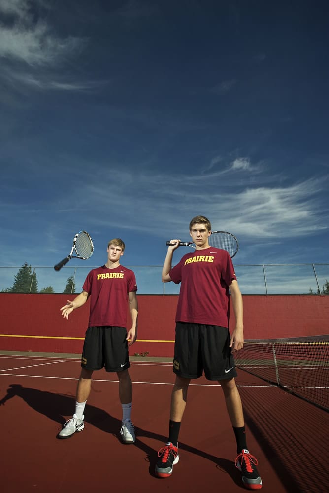 Prairie's &quot;Twin Towers&quot; doubles team of Mason Pack, right, and James Phillips are multi-sport athletes for the Falcons.