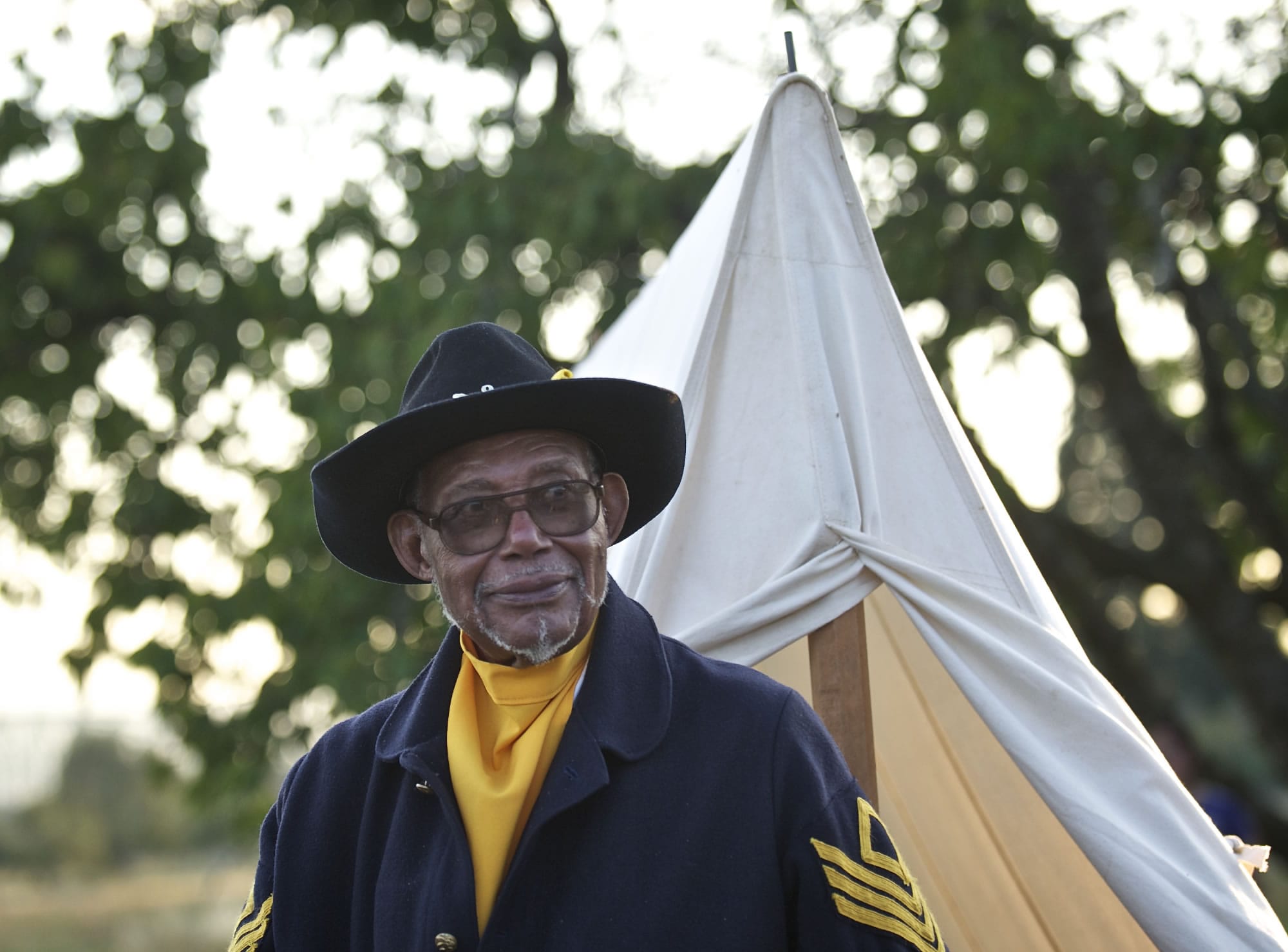 Bill Morehouse, 91, was part of the Buffalo Soldiers exhibit at the Campfires and Candlelight event Saturday at Fort Vancouver National Historic Site.