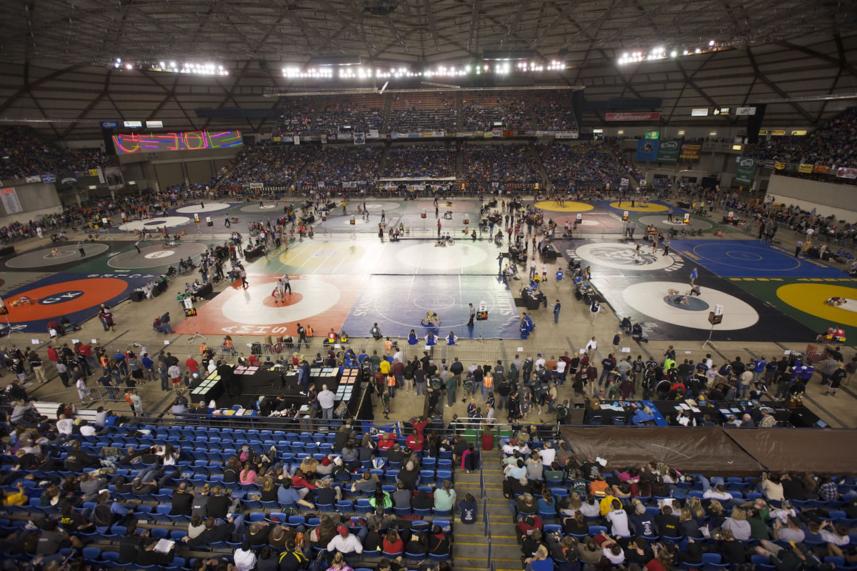 Day one of the State Wrestling Tournament in Tacoma, Friday, February 15, 2013.