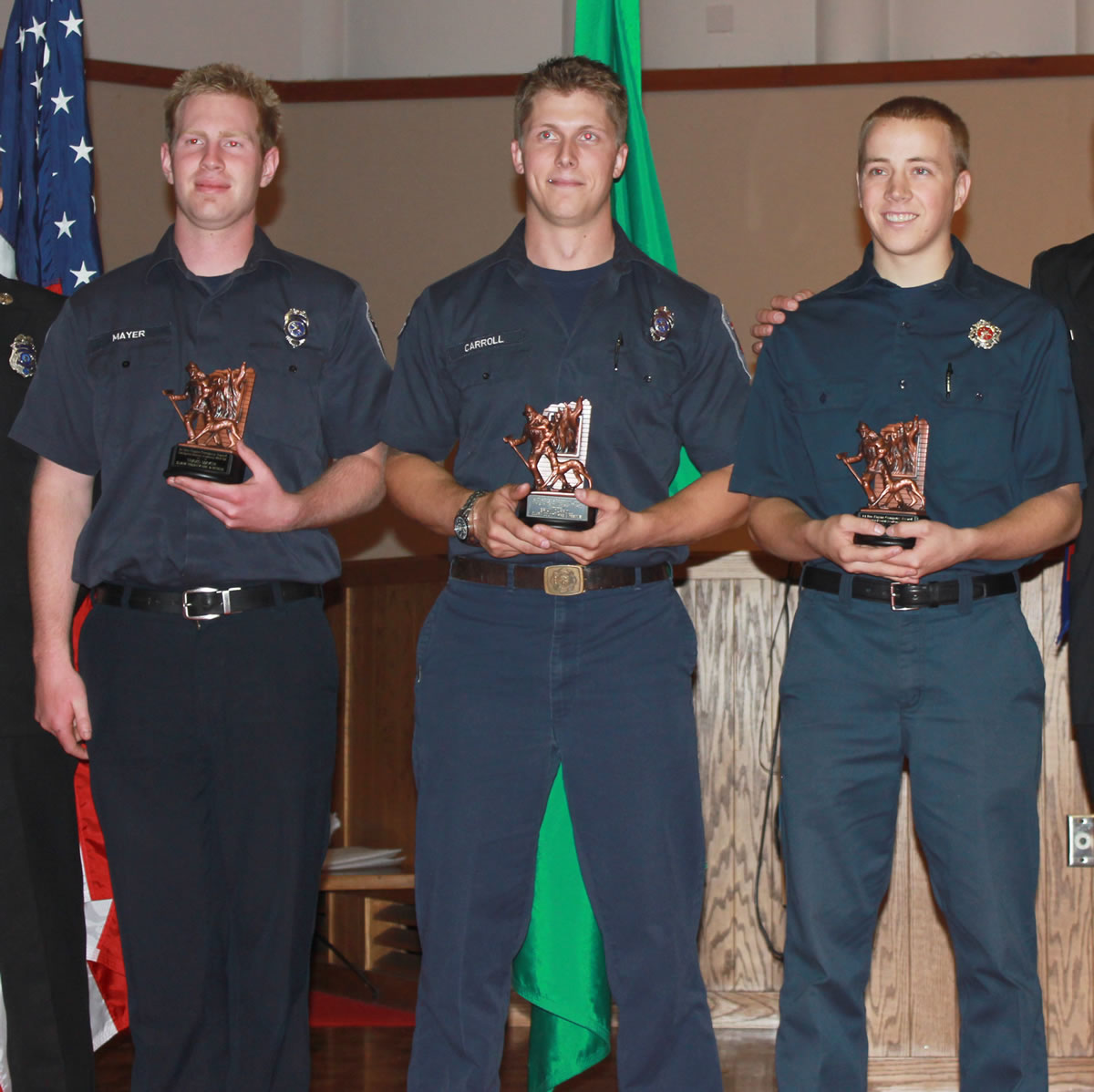 Ridgefield: Bryan Carroll, from left, Travis Mayer and Josh Haldeman of Clark County Fire &amp; Rescue just graduated from Washington State Firefighters Academy.