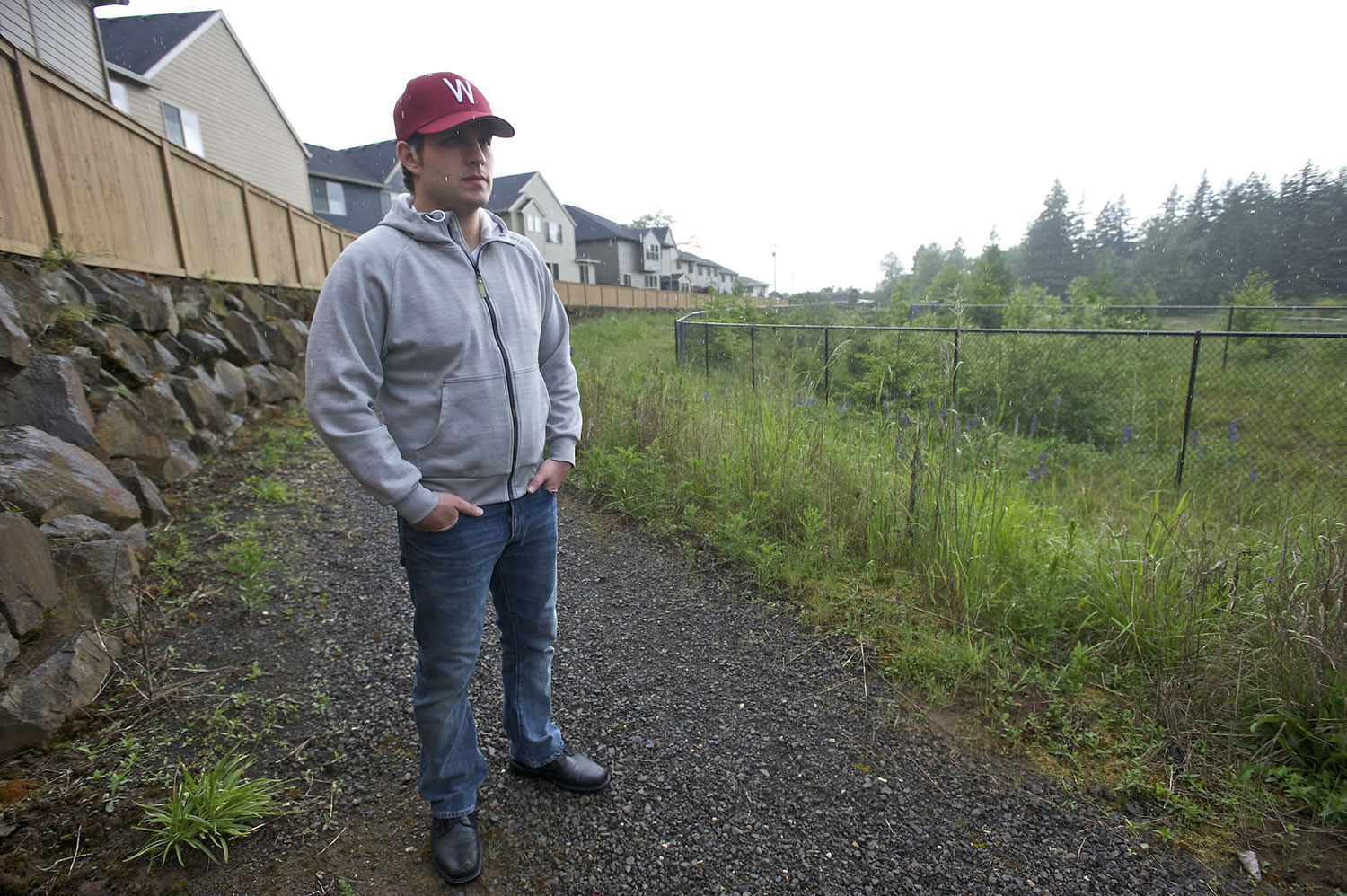 Ryan Erlewine stands in his Grass Valley neighborhood in Camas near the site of a proposed cell monopole.