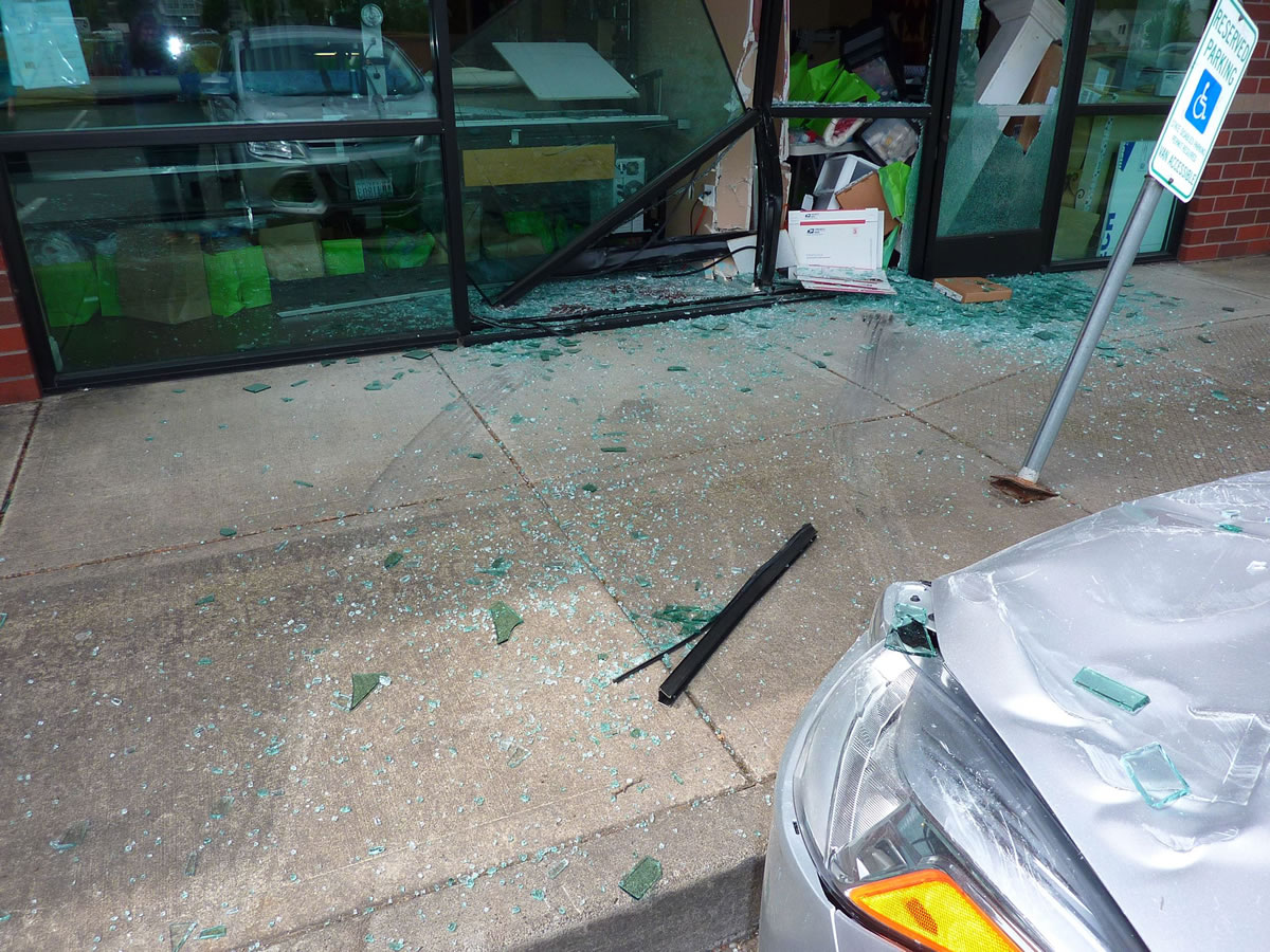 Car Hits Shop, Not People
Photo courtesy Cheran Bee
No one was injured Saturday afternoon when a car crashed into the front of the Fiddlesticks Quilt Shop, 2701 N.E. 114th Ave. Vancouver police said the driver of the vehicle pushed the gas pedal instead of the brakes.