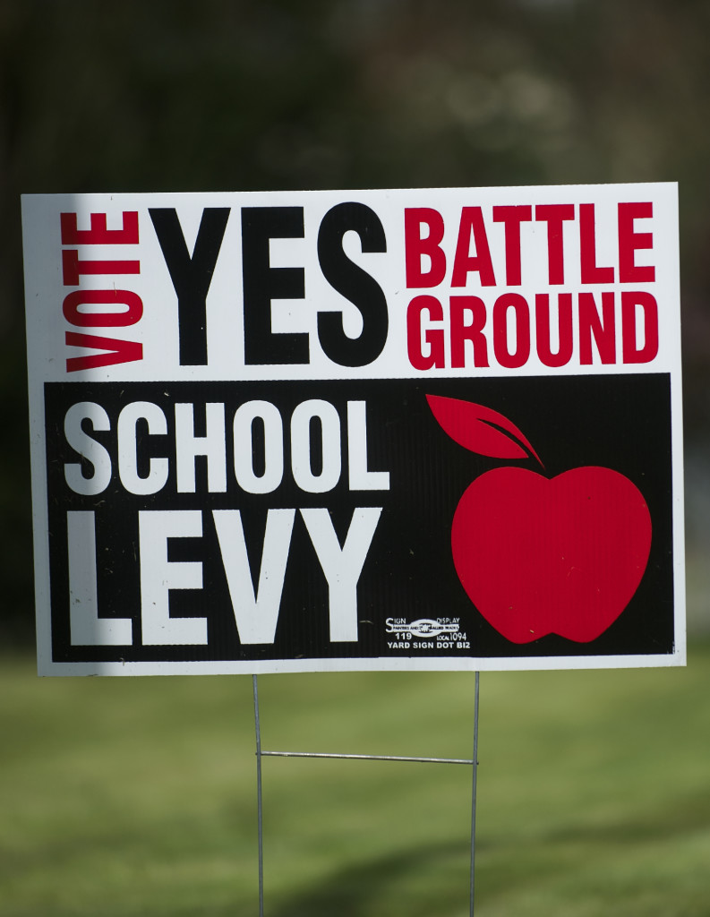 A sign advocating for a yes vote on an upcoming Battle Ground school levy.